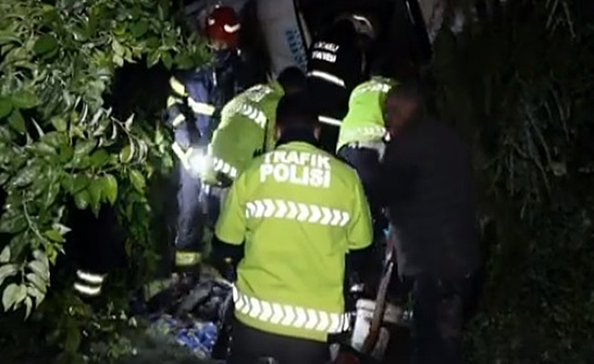 Kocaeli'de şarampole devrilen TIR yandı!